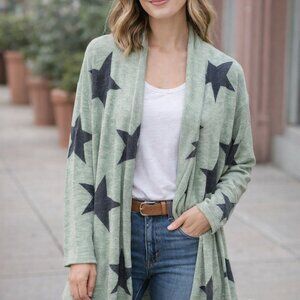 Phil Love Star Print Open Front Cardigan | Sage Green | Made in USA | Medium